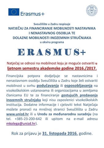 Erasmus+ Natječaj za financiranje mobilnosti nastavnika i nenastavnog osoblja